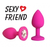 Розовая конусовидная анальная пробка с прозрачным кристаллом - 7,3 см. - 1137 - купить с доставкой в Воронеже