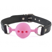 Розовый кляп-шар на черных кожаных ремешках - Sitabella - купить с доставкой в Воронеже