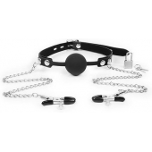 Черный кляп-шарик с зажимами на соски на металлической цепочке - Notabu - купить с доставкой в Воронеже