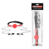 Красный кляп-шарик с зажимами на соски на металлической цепочке - Notabu - купить с доставкой в Воронеже