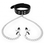 Черный ошейник с зажимами на соски на цепочке - Notabu - купить с доставкой в Воронеже