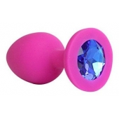 Ярко-розовая анальная пробка с синим кристаллом - 9,5 см. - 1137 - купить с доставкой в Воронеже