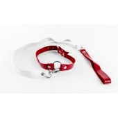 Бело-красный чокер из натуральной кожи с поводком - БДСМ Арсенал - купить с доставкой в Воронеже