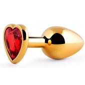 Золотистая анальная пробка с красным стразом-сердечком - 8 см. - Anal Jewelry Plug - купить с доставкой в Воронеже