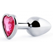 Серебристая анальная пробка с малиновым кристаллом-сердечком - 7 см. - Anal Jewelry Plug - купить с доставкой в Воронеже