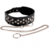 Кожаный чёрный ошейник с карабином и поводком - Sitabella - купить с доставкой в Воронеже