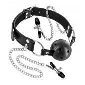 Жесткий шар-кляп с зажимами для сосков - Fetish Tentation - купить с доставкой в Воронеже
