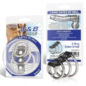 Хомут на пенис из трех металлических колец и кольца для привязи 3 RING GATES OF HELL - BlueLine - купить с доставкой в Воронеже