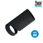 Черная открытая насадка на пенис с кольцом для мошонки XL-size - 8,9 см. - Sex Expert - в Воронеже купить с доставкой
