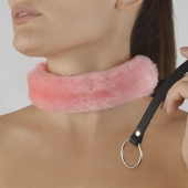 Розовый меховой ошейник с кожаным поводком - Sitabella - купить с доставкой в Воронеже