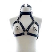 Черная портупея на грудь с кляпом и зажимами для сосков - Notabu - купить с доставкой в Воронеже