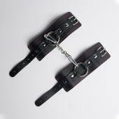 Черные кожаные наручники с красной строчкой - Crazy Handmade - купить с доставкой в Воронеже