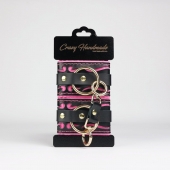 Черные кожаные наручники с розовой строчкой - Crazy Handmade - купить с доставкой в Воронеже