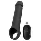Черная вибронасадка для пениса с хомутом для мошонки и пультом ДУ Remote Controlled Penis Extension - Orion - в Воронеже купить с доставкой