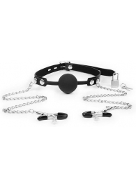 Черный кляп-шарик с зажимами на соски на металлической цепочке - Notabu - купить с доставкой в Воронеже