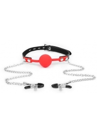 Красный кляп-шарик с зажимами на соски на металлической цепочке - Notabu - купить с доставкой в Воронеже