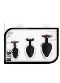 Набор черных анальных пробок с красным кристаллом-сердечком Bling Plugs Training Kit - Blush Novelties - купить с доставкой в Воронеже