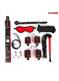 Стильный черно-красный набор БДСМ: маска, кляп, зажимы, плётка, ошейник, наручники, оковы, верёвка - Notabu - купить с доставкой в Воронеже