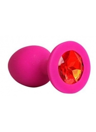 Ярко-розовая анальная пробка с красным кристаллом - 9,5 см. - 1137 - купить с доставкой в Воронеже