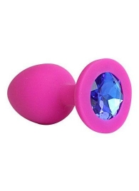 Ярко-розовая анальная пробка с синим кристаллом - 9,5 см. - 1137 - купить с доставкой в Воронеже