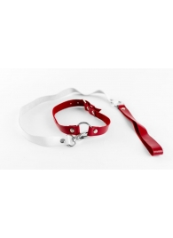 Бело-красный чокер из натуральной кожи с поводком - БДСМ Арсенал - купить с доставкой в Воронеже