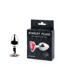 Серебристая анальная пробка с малиновым кристаллом-сердечком - 7 см. - Anal Jewelry Plug - купить с доставкой в Воронеже