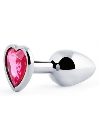 Серебристая анальная пробка с малиновым кристаллом-сердечком - 7 см. - Anal Jewelry Plug - купить с доставкой в Воронеже