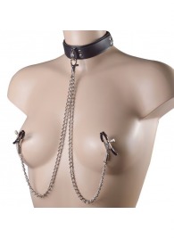 Черный ошейник с металлическими зажимами на соски и поводком - Sitabella - купить с доставкой в Воронеже