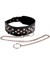 Кожаный чёрный ошейник с карабином и поводком - Sitabella - купить с доставкой в Воронеже