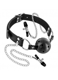 Жесткий шар-кляп с зажимами для сосков - Fetish Tentation - купить с доставкой в Воронеже