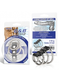 Хомут на пенис из трех металлических колец и кольца для привязи 3 RING GATES OF HELL - BlueLine - купить с доставкой в Воронеже