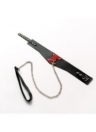 Черный широкий ошейник с красным декором и поводком - Crazy Handmade - купить с доставкой в Воронеже