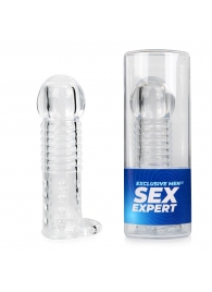 Прозрачная рельефная насадка-реалистик с петлей для мошонки - 13,5 см. - Sex Expert - в Воронеже купить с доставкой