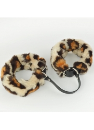 Черные кожаные оковы со съемной леопардовой опушкой - Sitabella - купить с доставкой в Воронеже