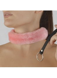 Розовый меховой ошейник с кожаным поводком - Sitabella - купить с доставкой в Воронеже