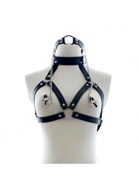 Черная портупея на грудь с кляпом и зажимами для сосков - Notabu - купить с доставкой в Воронеже