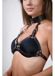 Коричневая сбруя для груди с ошейником - БДСМ Арсенал - купить с доставкой в Воронеже