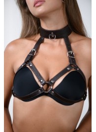 Коричневая сбруя для груди с ошейником - БДСМ Арсенал - купить с доставкой в Воронеже
