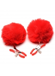 Красные зажимы на соски с помпонами Pom Pom - XR Brands - купить с доставкой в Воронеже