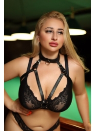 Черная кожаная сбруя с ошейником plus size из нежной кожи - БДСМ Арсенал - купить с доставкой в Воронеже