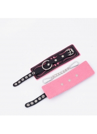 Черно-розовые кожаные наручники с розовой строчкой - Crazy Handmade - купить с доставкой в Воронеже