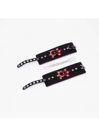 Черные кожаные наручники с красным декором и строчкой - Crazy Handmade - купить с доставкой в Воронеже