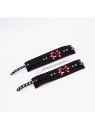 Черные кожаные оковы с красным декором и строчкой - Crazy Handmade - купить с доставкой в Воронеже