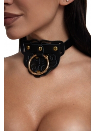 Черный фигурный кожаный ошейник с золотистой фурнитурой - Crazy Handmade - купить с доставкой в Воронеже