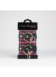 Черные кожаные наручники с розовой строчкой - Crazy Handmade - купить с доставкой в Воронеже