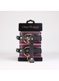 Черные кожаные оковы с розовой строчкой - Crazy Handmade - купить с доставкой в Воронеже