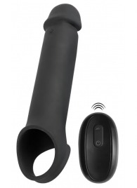 Черная вибронасадка для пениса с хомутом для мошонки и пультом ДУ Remote Controlled Penis Extension - Orion - в Воронеже купить с доставкой