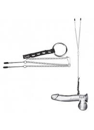 Кольцо на пенис с зажимами на соски 100% PVC STRAP WITH METAL SNAP - BlueLine - в Воронеже купить с доставкой