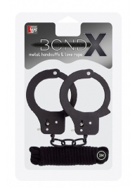 Чёрные наручники из листового металла в комплекте с веревкой BONDX METAL CUFFS LOVE ROPE SET - Dream Toys - купить с доставкой в Воронеже
