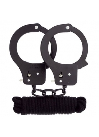 Чёрные наручники из листового металла в комплекте с веревкой BONDX METAL CUFFS LOVE ROPE SET - Dream Toys - купить с доставкой в Воронеже